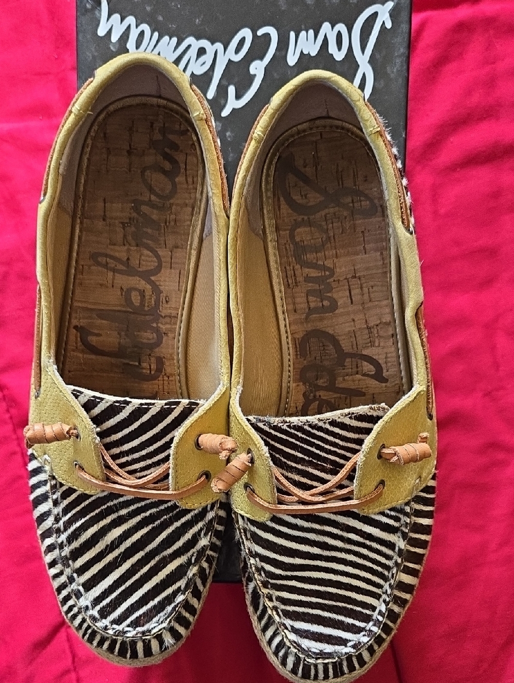Sam Edelman Zebra-Print Moccasins with Mustard Trim Cork Insoles